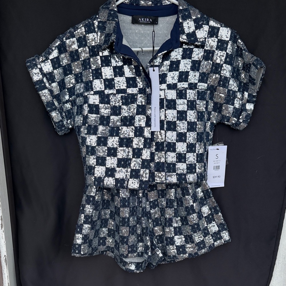 AKIRA  Navy ,silver & white  Checkered sequins Button Down Shirt & shorts.
